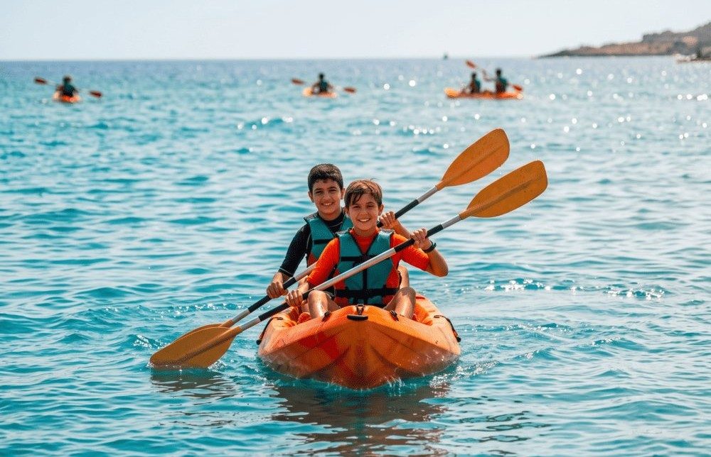 Niños en kayak en el mar